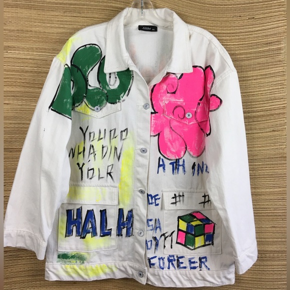 Aikha Handmade Graffiti Hand Painted Denim Jeans Jacket in White Size M/L - Picture 5 of 16